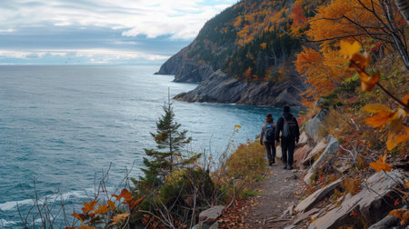 Hikers Trekking Along Coastal Trail With Fall Foliage Near Oceanの素材