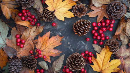 Autumn foliage, pinecones, and red berries arranged on dark background in natural displayの素材