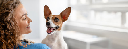 Vet with joyful dog close-up in clinicの写真素材