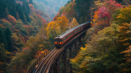 Autumn Train Journey Through Colorful Forest Canyon in Japanの素材