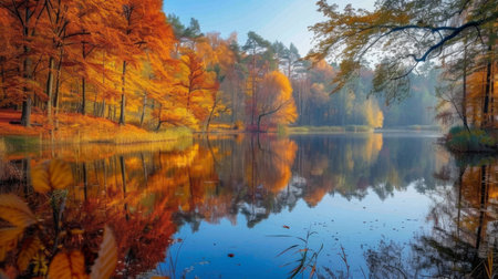Autumn Reflections on a Tranquil Lake Surrounded by Colorful Treesの素材