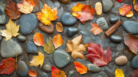Colorful autumn leaves scattered among smooth pebbles in a natural settingの素材