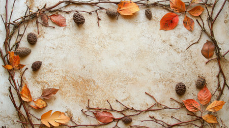 Autumn leaves and twigs arranged in a rustic frame on a textured surfaceの素材