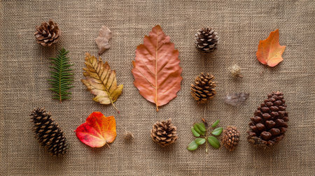 Collection of autumn leaves and pinecones arranged on burlap fabricの素材