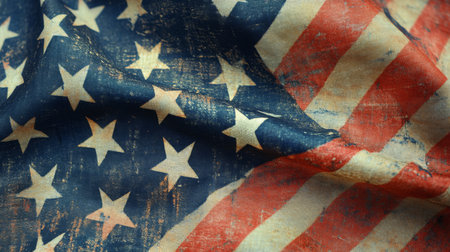 Old American flag draped with wrinkles and textures in warm colorsの素材