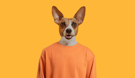 Smiling Dog Wearing Orange Sweatshirt Against Yellow Backgroundの写真素材