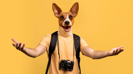 Smiling Dog Wearing Backpack and Camera Welcoming With Open Armsの写真素材