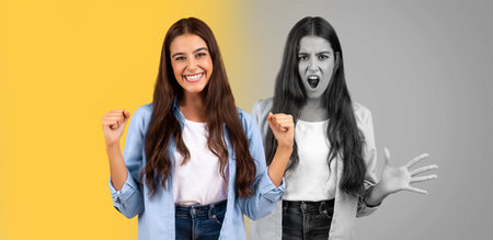 Joyful Young Woman Expressing Happiness With a Bright Yellow Backgroundの写真素材