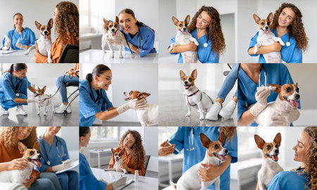Veterinarians Examining And Caring For Jack Russell Terriersの写真素材