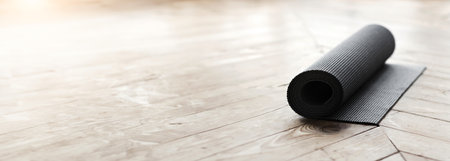 Rolled up fitness mat on wooden floor at yoga studioの写真素材