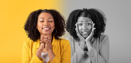Duo image of African American woman posing on background