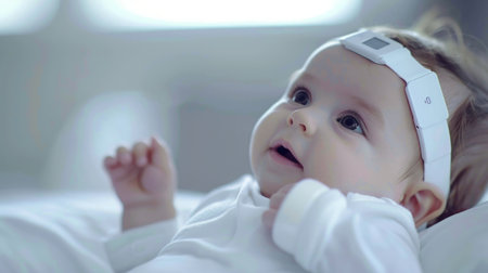 Baby Wearing White Headband Laying on Bedの素材
