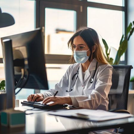 Woman in Medical Mask Working on Computerの素材