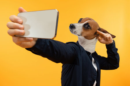 Dog Wearing Suit Takes Selfie With Smartphone Against Yellow Backgroundの写真素材