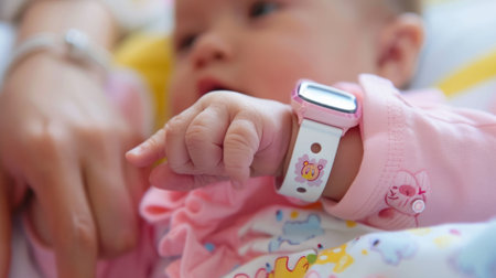 Baby in Pink Outfit Holding Smart Watchの素材