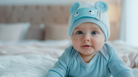 Baby Wearing Blue Bear Hat Laying on Bedの素材