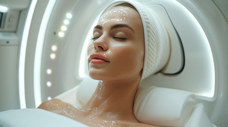 Woman Receiving Advanced Facial Treatment in Modern Spaの素材