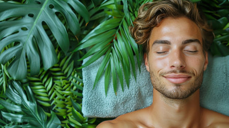 Man Relaxing on Towel With Eyes Closedの素材