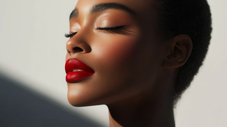 Woman with bold red lips and natural makeup poses elegantly in soft sunlightの素材