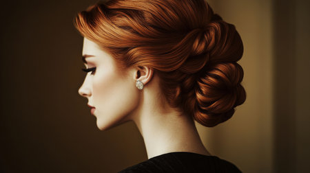 Elegant updo hairstyle on a woman with red hair in soft lighting indoorsの素材