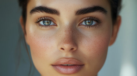 Young woman with striking blue eyes and natural makeup posing indoors in soft lightの素材