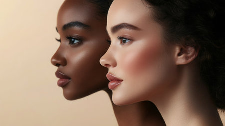 Diverse beauty showcased through profile portrait of two women with different skin tonesの素材