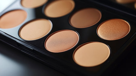 Variety of warm-toned makeup colors arranged in a palette on a dark surfaceの素材
