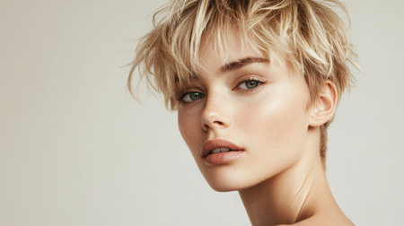Young woman with short hair poses against a neutral background in a studio settingの素材
