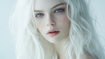 Portrait of a young woman with long white hair and striking blue eyes in soft lightの素材