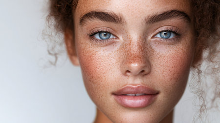Young woman with freckles and blue eyes poses against a neutral backgroundの素材