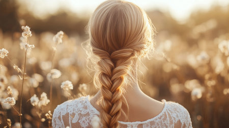 Woman with braided hair in a field of flowers during golden hourの素材