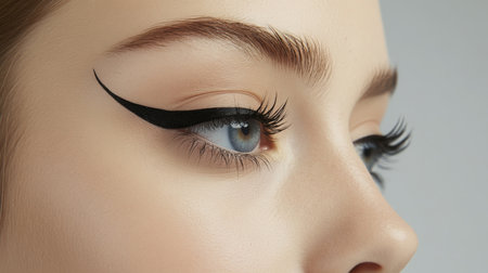 Elegant eye makeup with bold eyeliner, showcasing a close-up of a models featuresの素材