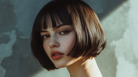 Young woman with a bob haircut poses against a textured wall in soft natural lightの素材