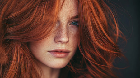 Young woman with vibrant red hair and freckles gazes confidently at the cameraの素材