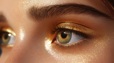 Close-up of a persons eye with golden eye makeup in natural lightの素材