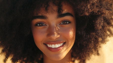 Smiling young woman with curly hair outdoors in sunlight during golden hourの素材