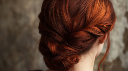 Elegant braided hairstyle on auburn hair against a textured backgroundの素材
