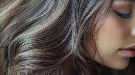 Close-up of a young woman with flowing hair in soft natural lightの素材