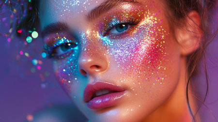Young woman with glitter makeup poses against colorful background during a creative eventの素材