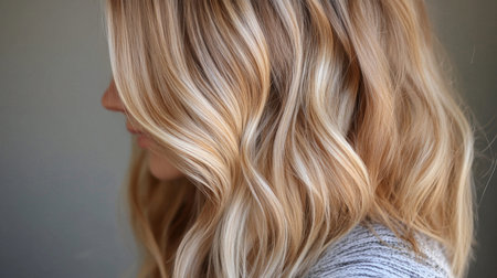 Blonde wavy hair styled in loose waves against a neutral backgroundの素材