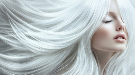 Woman with flowing white hair posing serenely in a soft-lit studioの素材