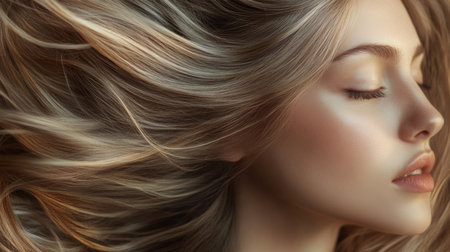 Young woman with flowing hair poses with serene expression in softly lit settingの素材