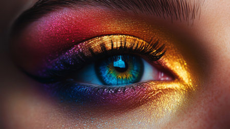 Close-up of vibrant eye with colorful makeup showcasing artistic detailing and reflectionの素材