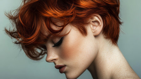Young woman with stylish red hair showcasing a side profile in soft lightingの素材