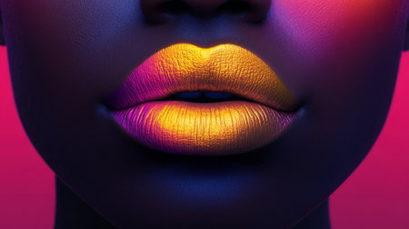 Vibrant close-up of beautifully painted lips with colorful gradient effectsの素材