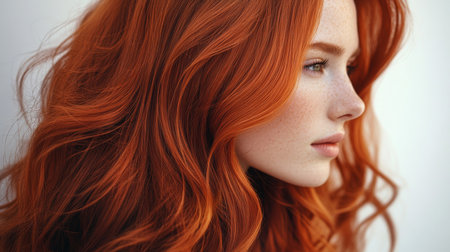 Young woman with vibrant red hair poses against a light background in natural lightの素材