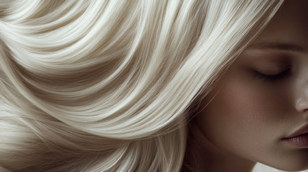 Close-up of a woman with long, flowing blonde hair illuminated by soft natural lightの素材