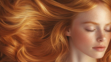 Young woman with flowing red hair lying peacefully on a soft surface in natural lightの素材
