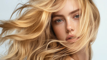 Young woman with flowing hair poses against a light background in a studio settingの素材