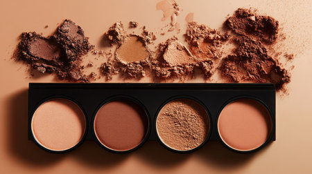 Makeup palette with various shades of foundation and loose powder on a beige backgroundの素材